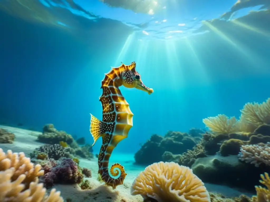 Majestuosa fotografía submarina en condiciones de poca luz de un caballito de mar solitario aferrado a un vibrante arrecife de coral