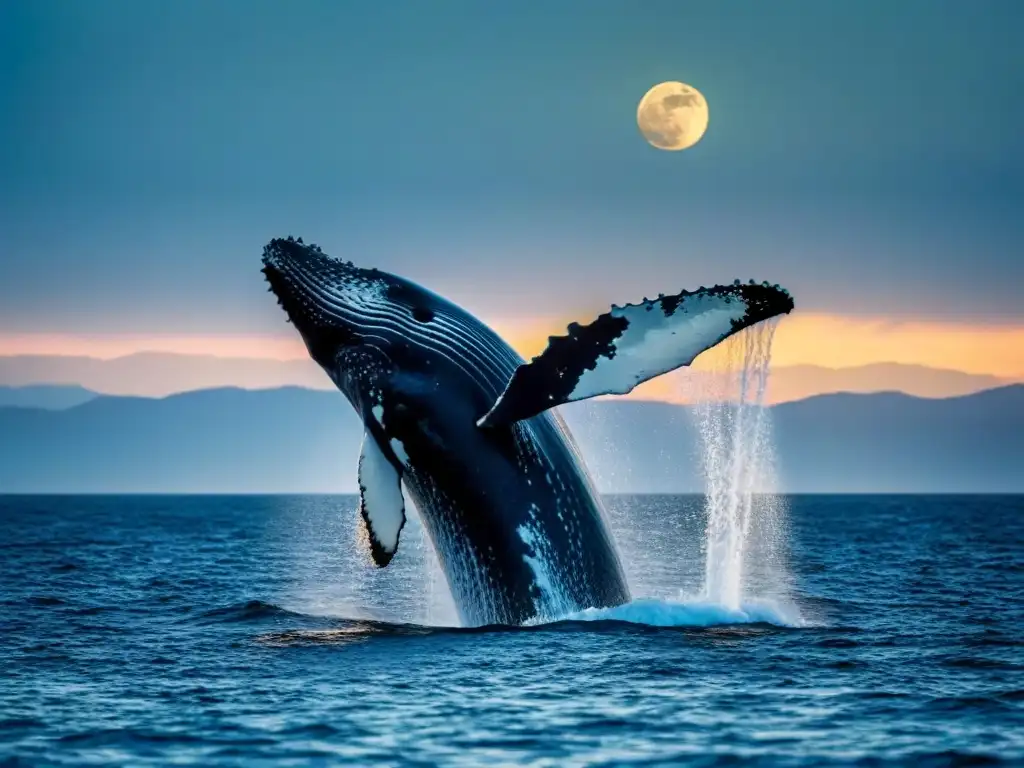 Whale majestuosa rompiendo la superficie marina bajo la luz de la luna, rodeada de plancton bioluminiscente