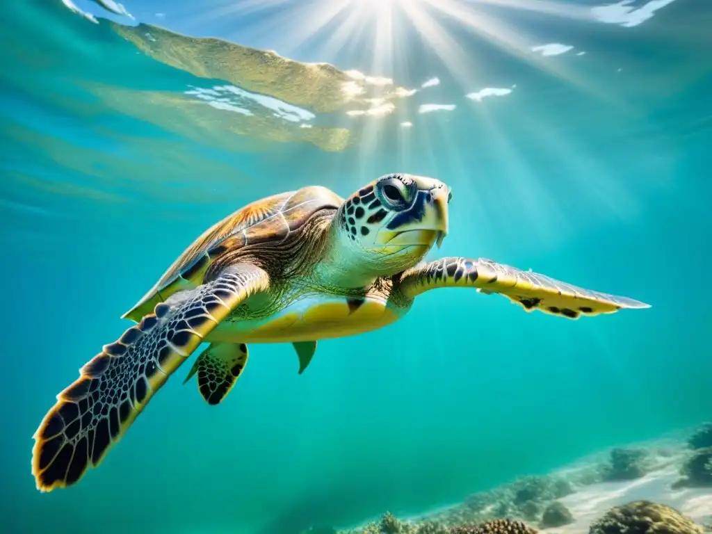 Majestuosa Fotografía de tortugas marinas nadando en aguas cristalinas, con detalles de caparazón y aletas