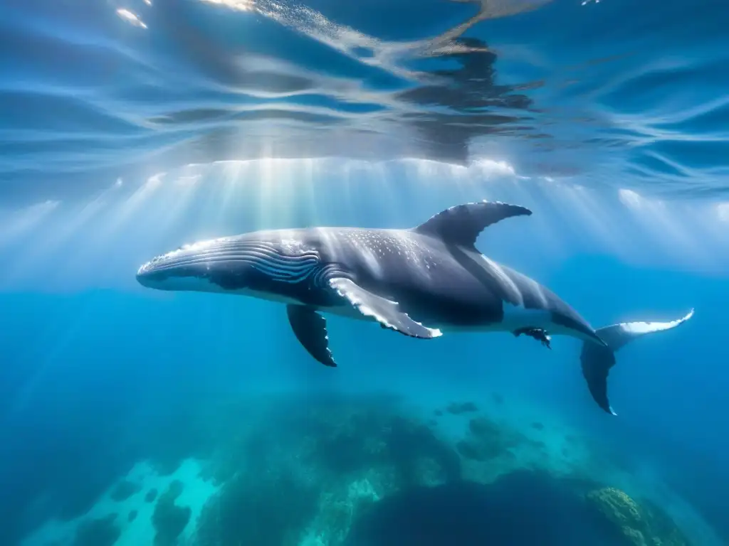 Majestuosas ballenas jorobadas nadando en aguas turquesas, rodeadas de peces coloridos