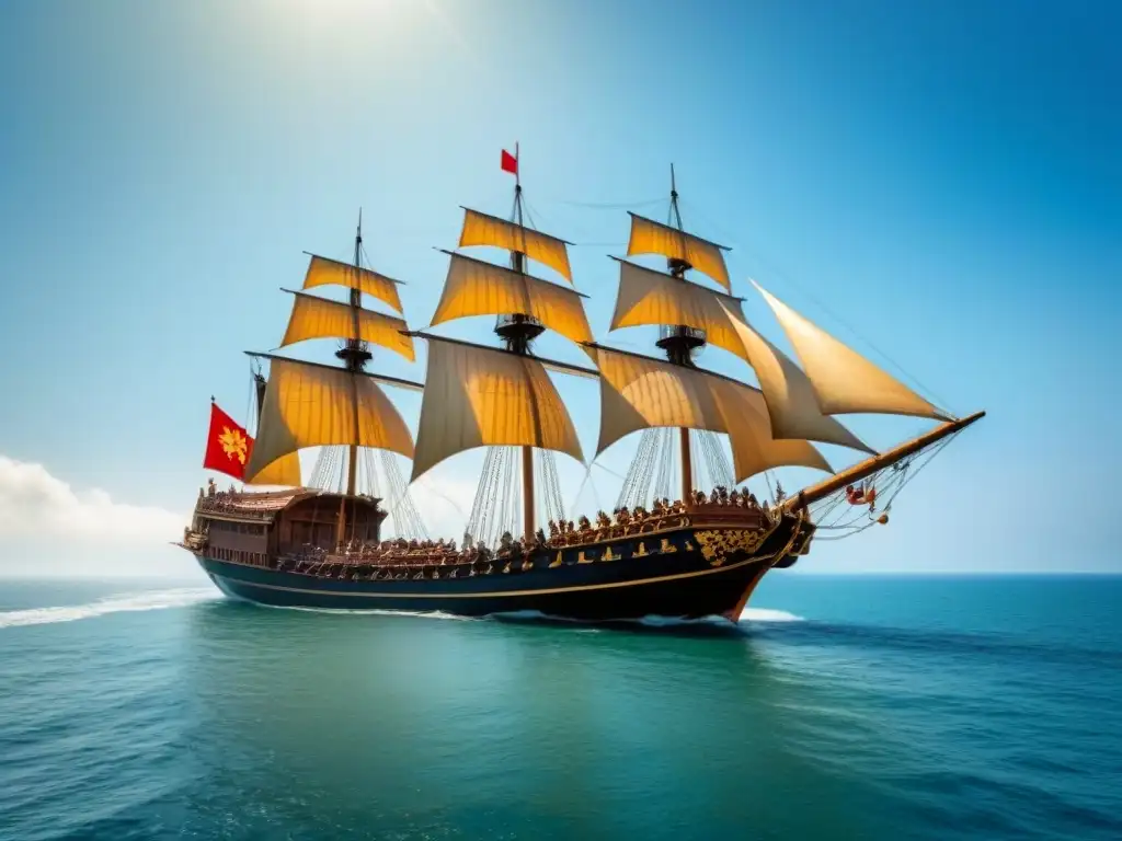 Majestuosas naves de la ruta comercial marítima Zheng He navegando en un cielo despejado sobre un mar tranquilo