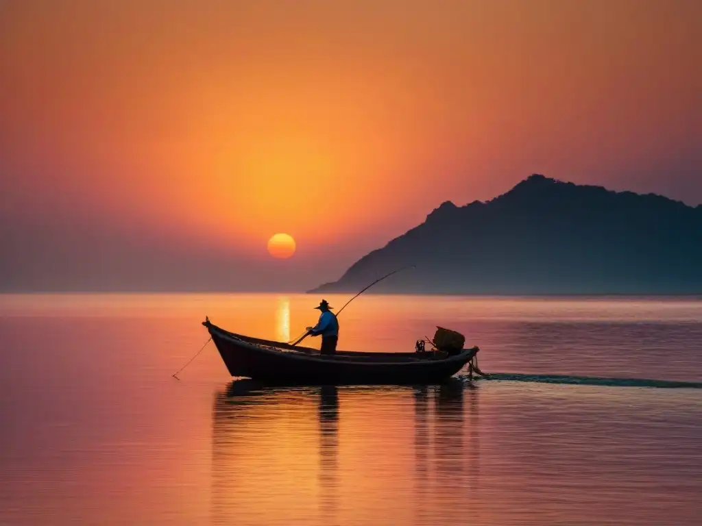 La majestuosidad de una barca tradicional de pesca en armonía con la modernidad, reflejada en un tranquilo atardecer