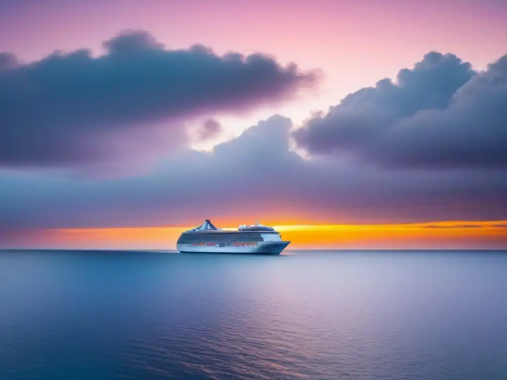 Un majestuoso amanecer sobre aguas tranquilas, con un crucero en el horizonte