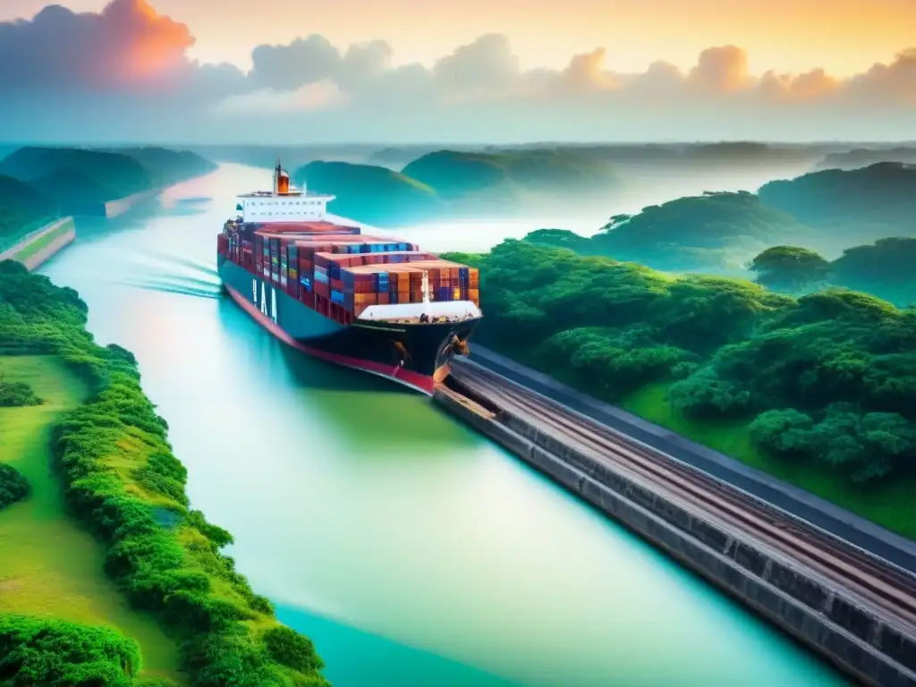 Un majestuoso atardecer en el Canal de Panamá, con un barco pasando por sus exclusas, rodeado de vegetación exuberante