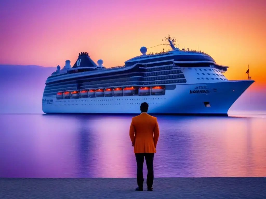 Un majestuoso atardecer sobre el mar, con un crucero de lujo en silueta, reflejando los cálidos colores del sol