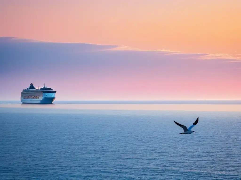 Un majestuoso atardecer en el mar con un crucero moderno en primer plano, reflejando los cálidos colores del sol