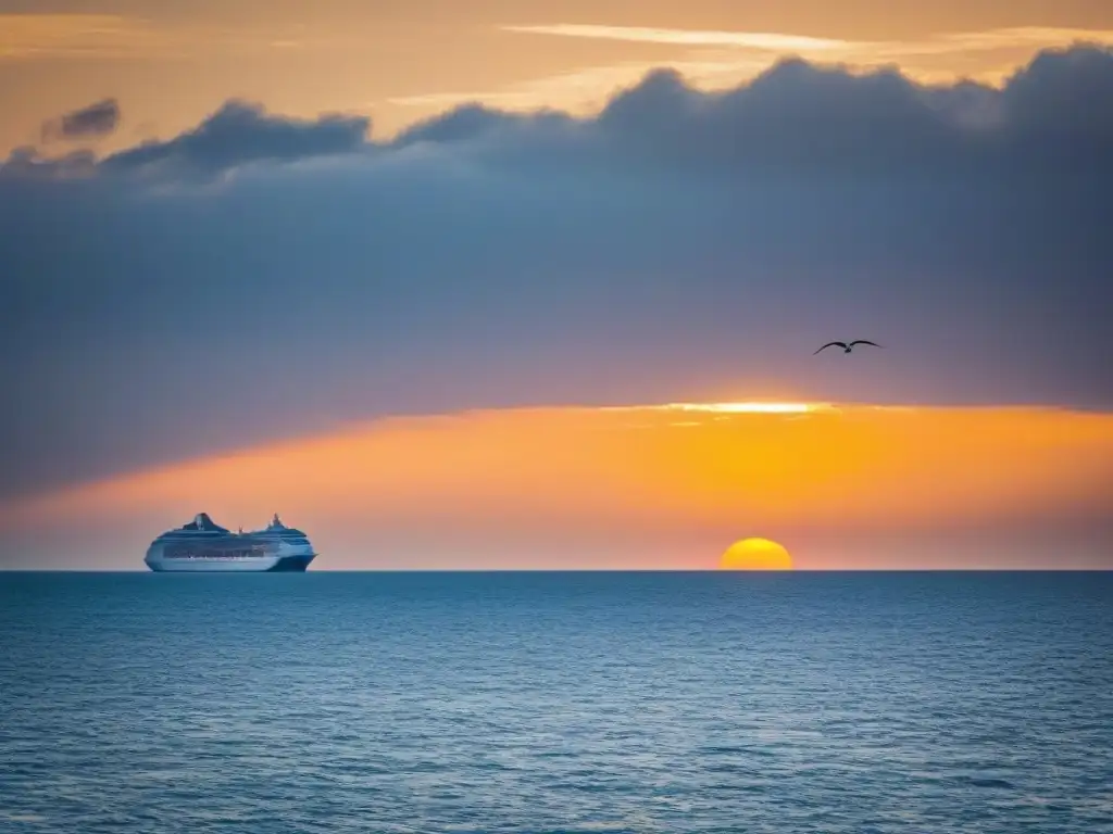 Un majestuoso atardecer en el mar con un lujoso crucero al fondo, reflejando la tranquilidad y belleza de un viaje en crucero al anochecer