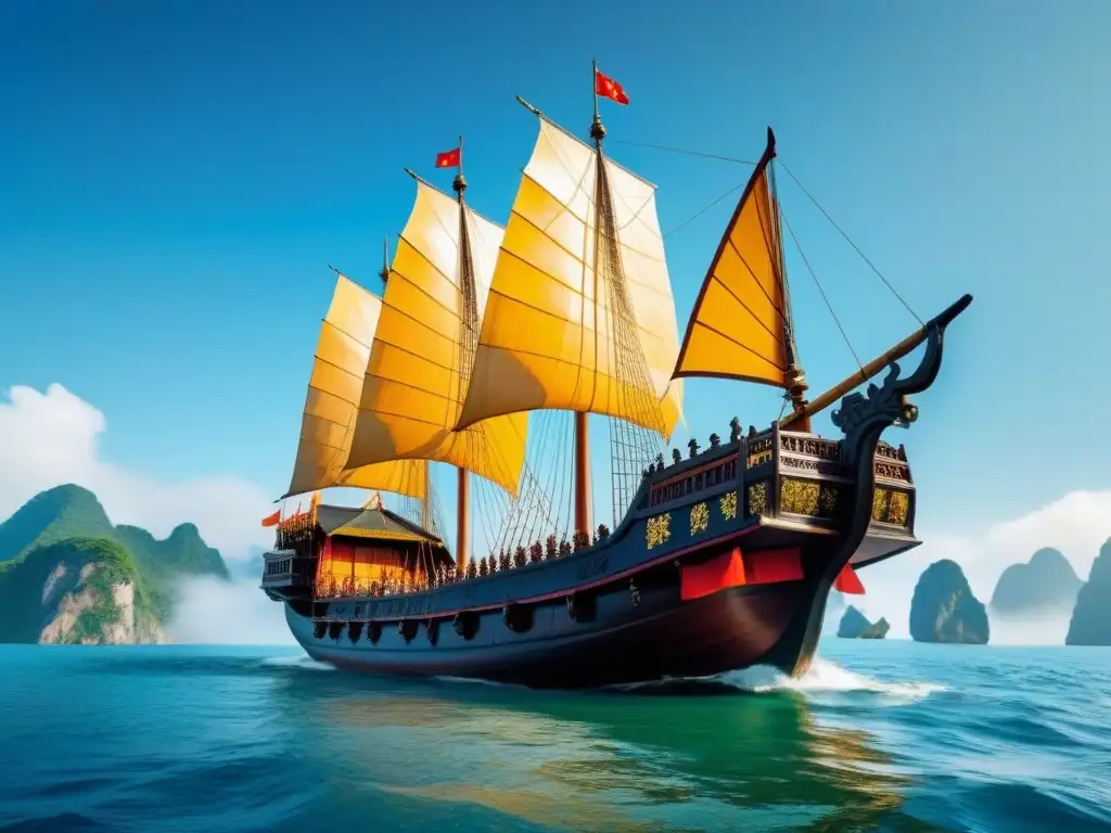 Majestuoso barco chino del siglo XV navegando en la Ruta Comercial Marítima Zheng He