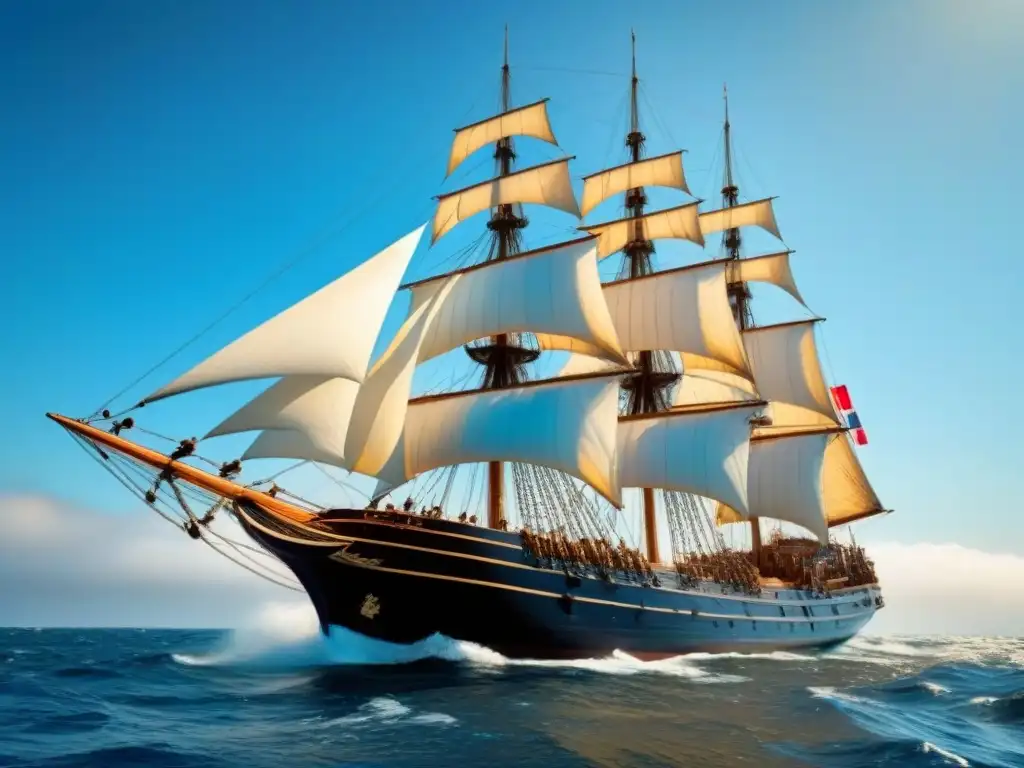 Un majestuoso barco histórico navegando en festivales marítimos épocas históricas bajo un cielo azul