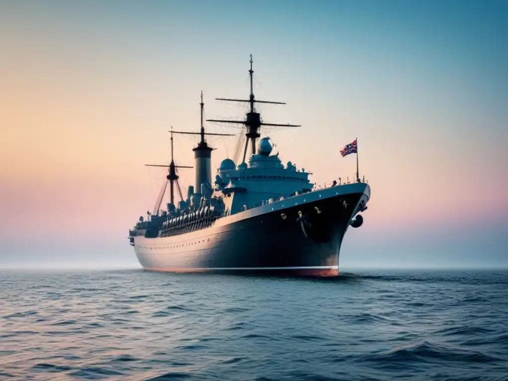 Un majestuoso barco naval histórico navegando en aguas tranquilas bajo un cielo sereno