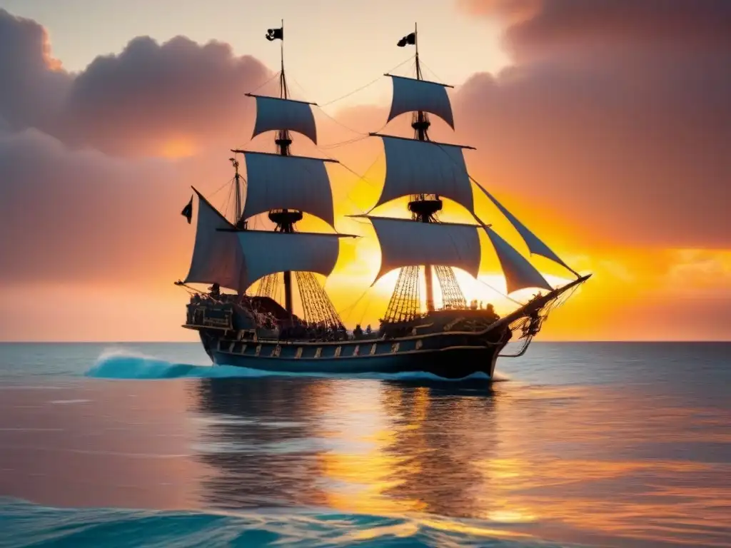 Un majestuoso barco pirata negro navegando en un mar tranquilo al atardecer, con velas doradas y gaviotas