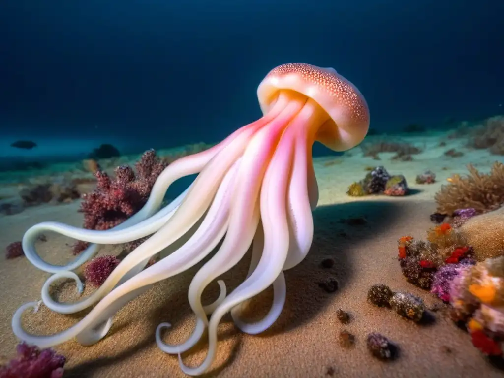 Un majestuoso calamar gigante se desliza elegantemente en las profundidades marinas