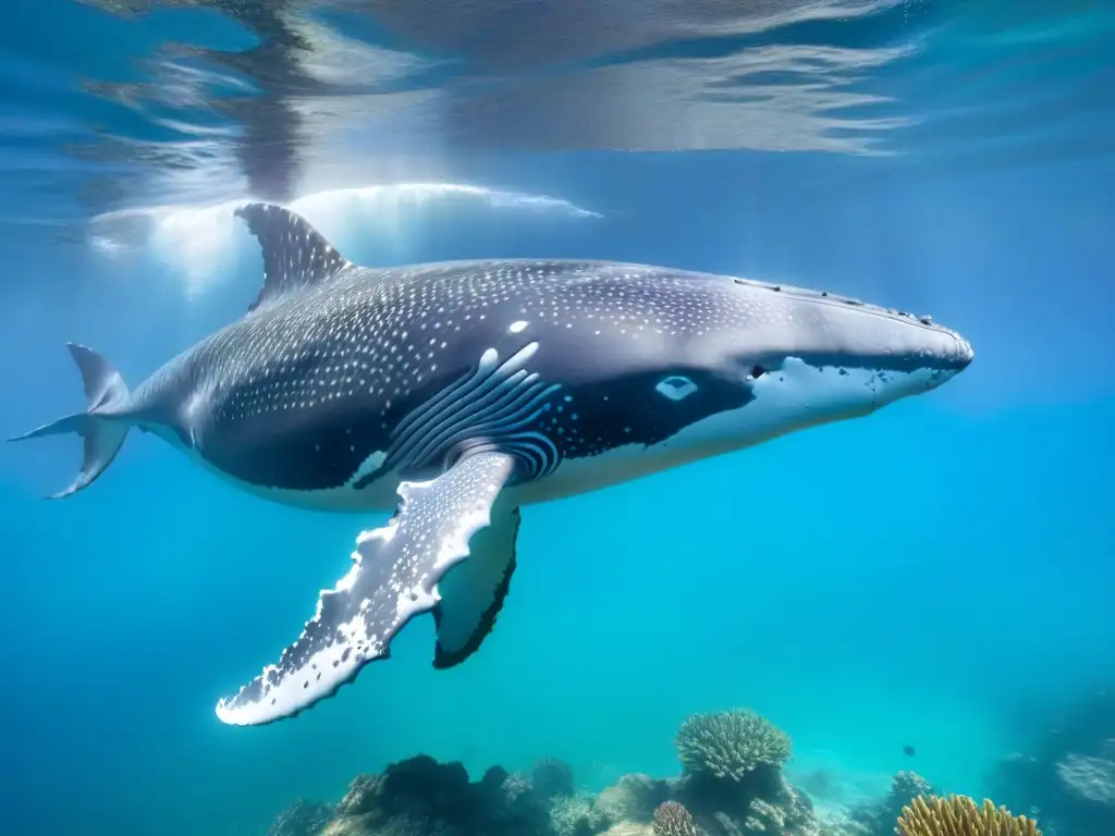 Un majestuoso cetáceo nadando entre peces tropicales en aguas cristalinas, transmitiendo protección especies marinas cruceros