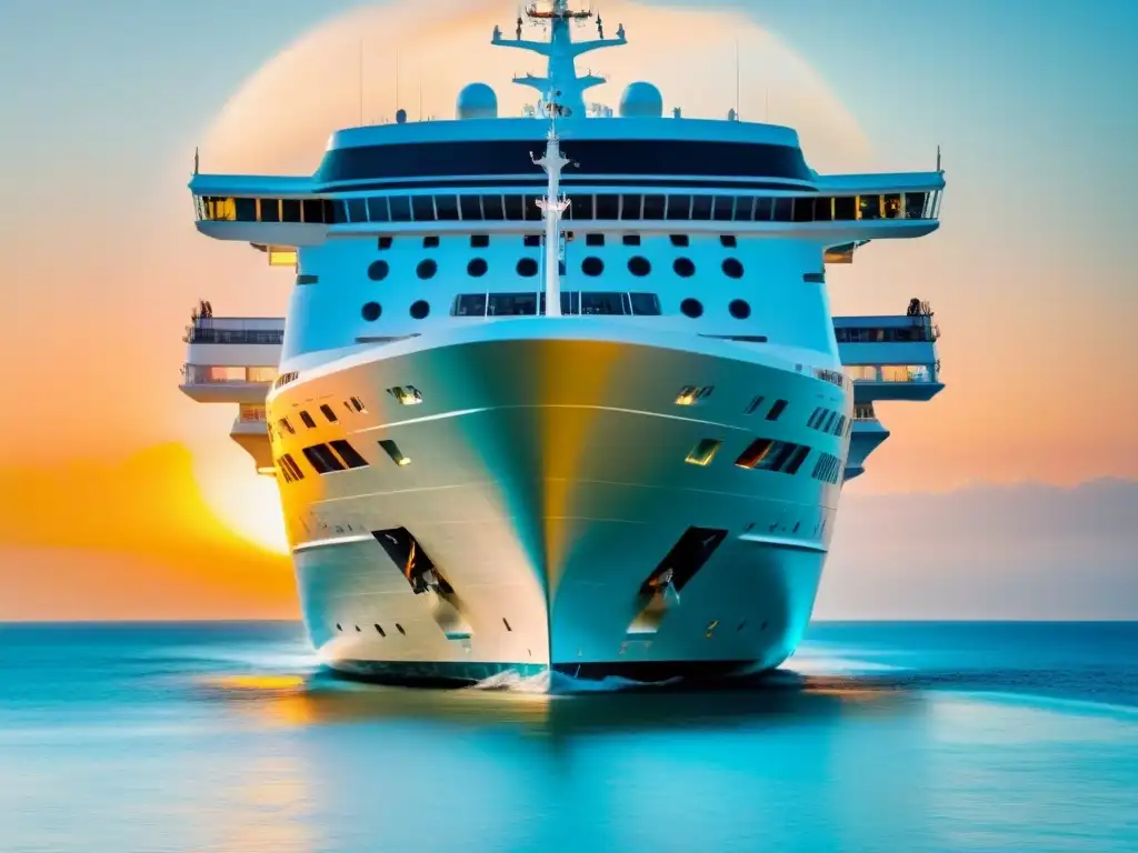 Un majestuoso crucero surca aguas turquesa bajo un atardecer dorado, reflejando colaboraciones estratégicas industria cruceros