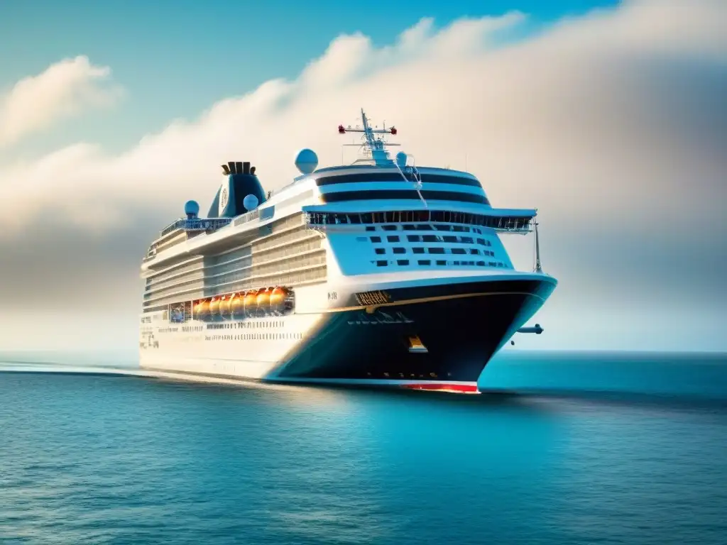 Un majestuoso crucero navegando en aguas cristalinas bajo un cielo despejado, reflejando lujo y tranquilidad