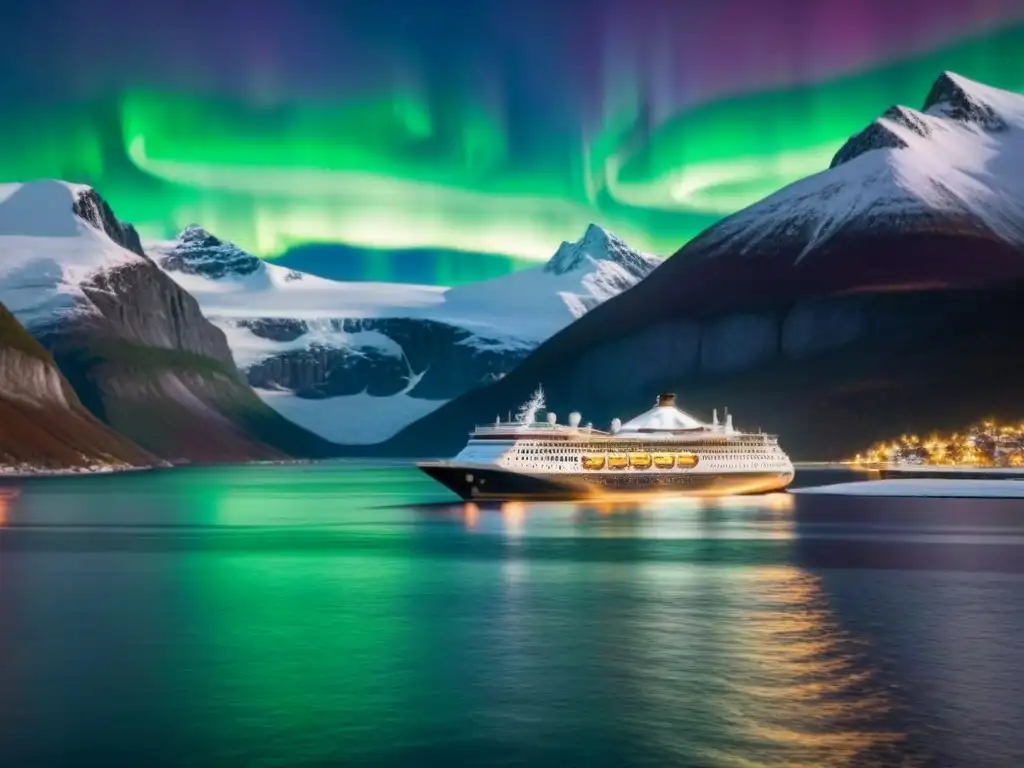 Un majestuoso crucero surca aguas heladas entre montañas nevadas bajo la Aurora Boreal, en la Ruta de los Vikingos Marítima