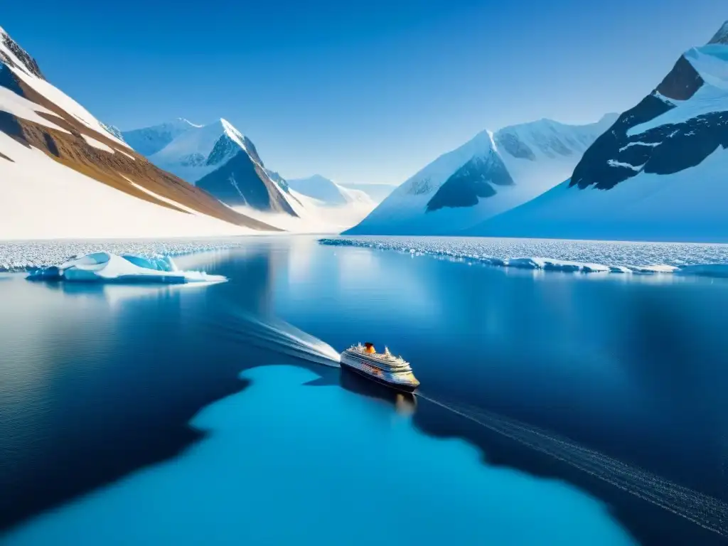 Un majestuoso crucero de expedición cortando aguas heladas en medio de un paisaje polar, ideal para itinerarios de crucero en Ártico