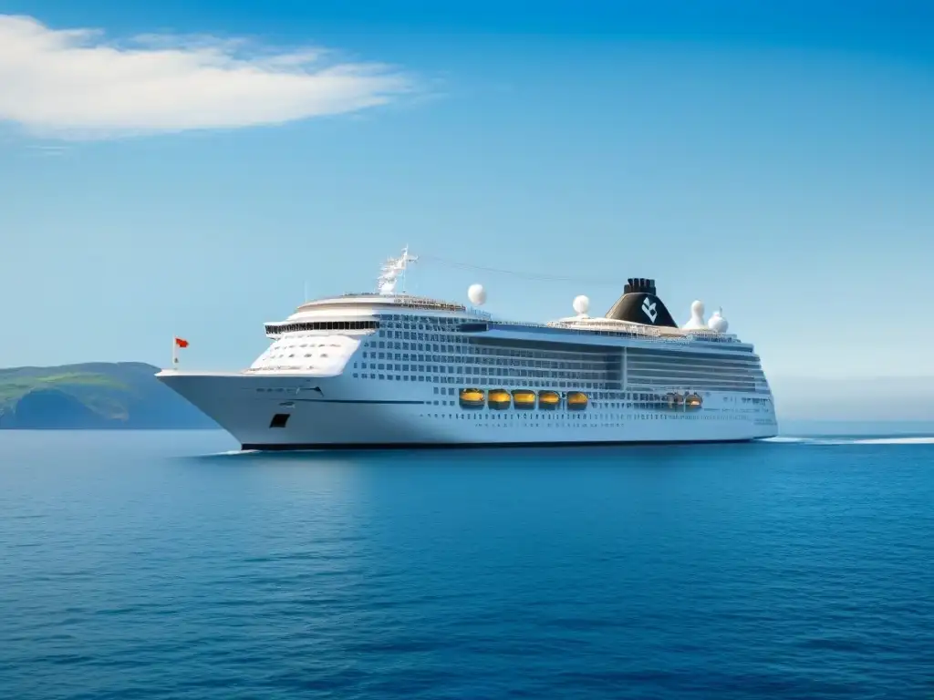 Un majestuoso crucero navegando en aguas tranquilas, rodeado de islas y gaviotas