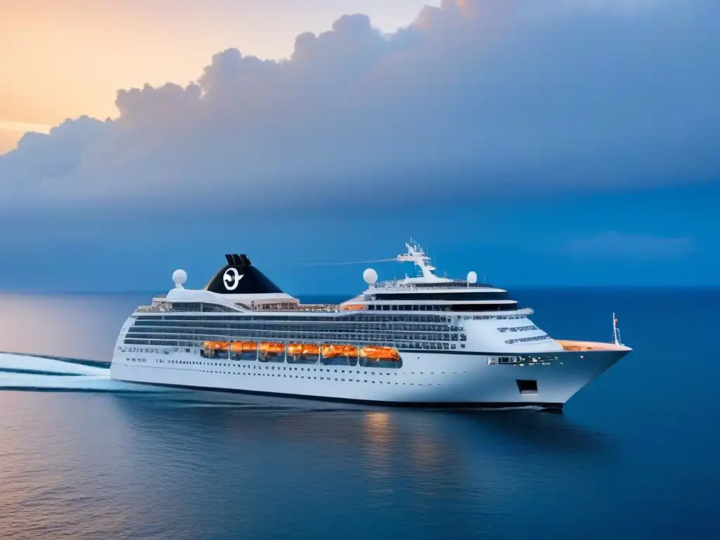 Crucero de lujo al atardecer en aguas serenas Un majestuoso crucero surca aguas tranquilas al atardecer, brindando tranquilidad y lujo