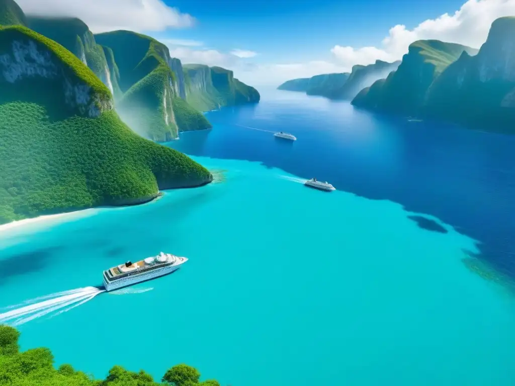 Un majestuoso crucero surca aguas turquesa rodeado de acantilados verdes, con pasajeros disfrutando itinerarios únicos cruceros puertos ocultos