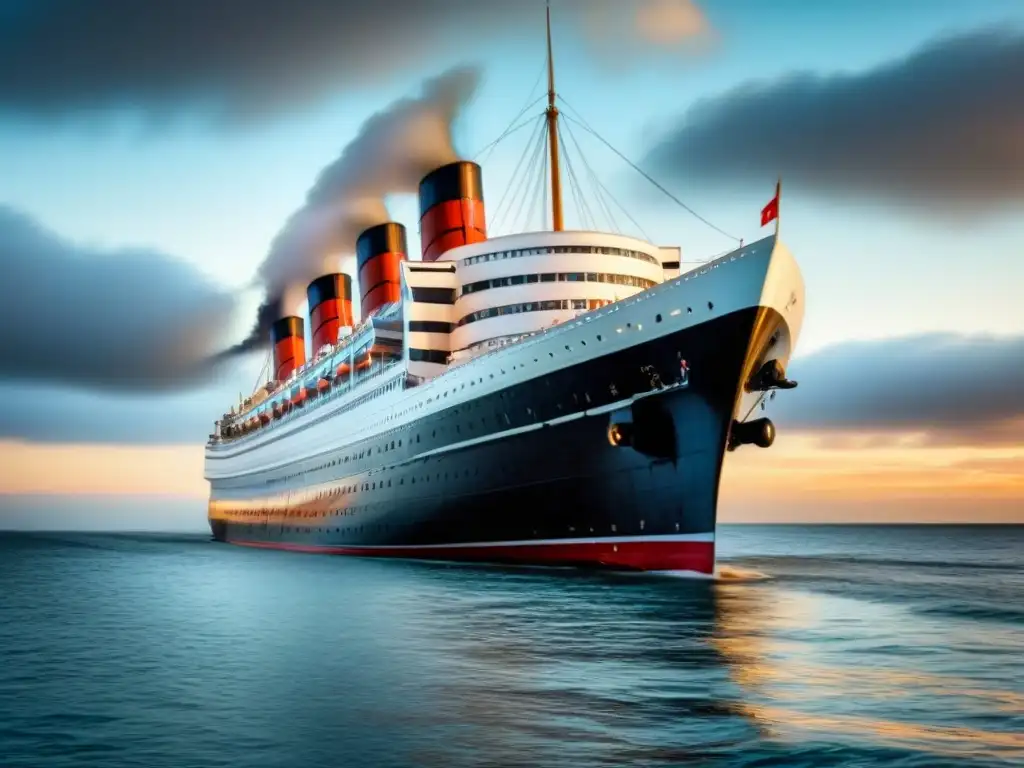 Majestuoso crucero RMS Queen Mary navegando en alta mar antes de la Segunda Guerra Mundial