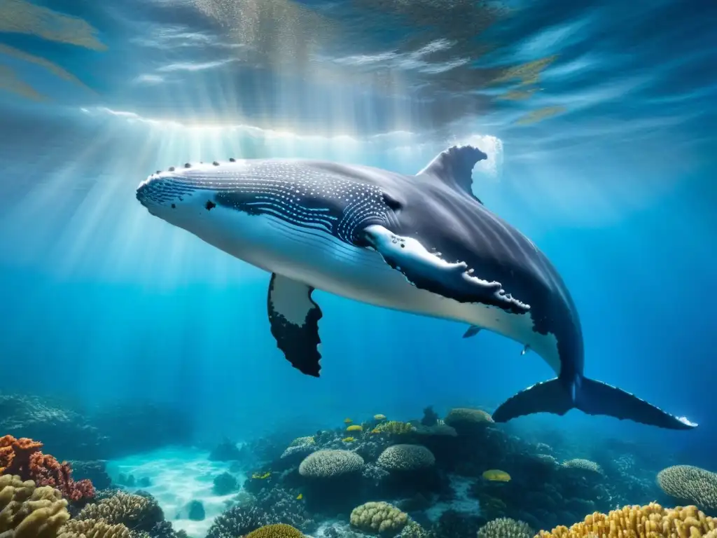 Un majestuoso crucero apoyo conservación marina: ballena jorobada surca aguas cristalinas entre arrecifes y vida marina variada, bajo la luz del sol