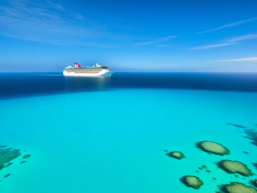 Un majestuoso crucero navegando sobre un arrecife de coral en aguas turquesas, resaltando la conservación marina