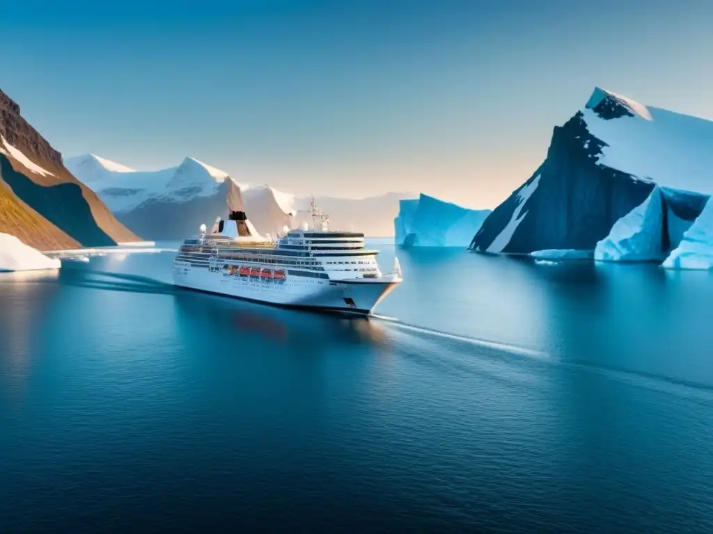 Un majestuoso crucero en Ártico surcando aguas heladas bajo el sol de medianoche, rodeado de icebergs y montañas nevadas