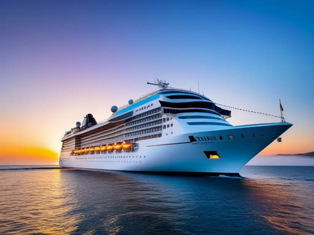 Un majestuoso crucero navegando al atardecer sobre aguas cristalinas, ideal para talleres y conferencias en cruceros
