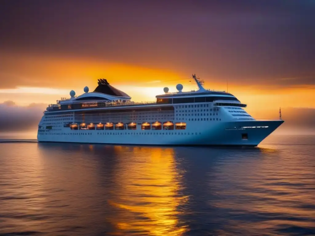 Un majestuoso crucero navegando al atardecer, reflejando el cielo dorado en aguas tranquilas