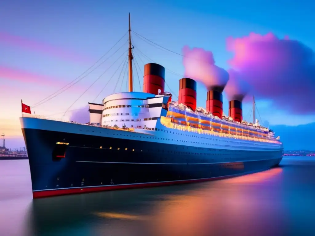 Majestuoso crucero Queen Mary al atardecer, reflejando lujo histórico y marítimo