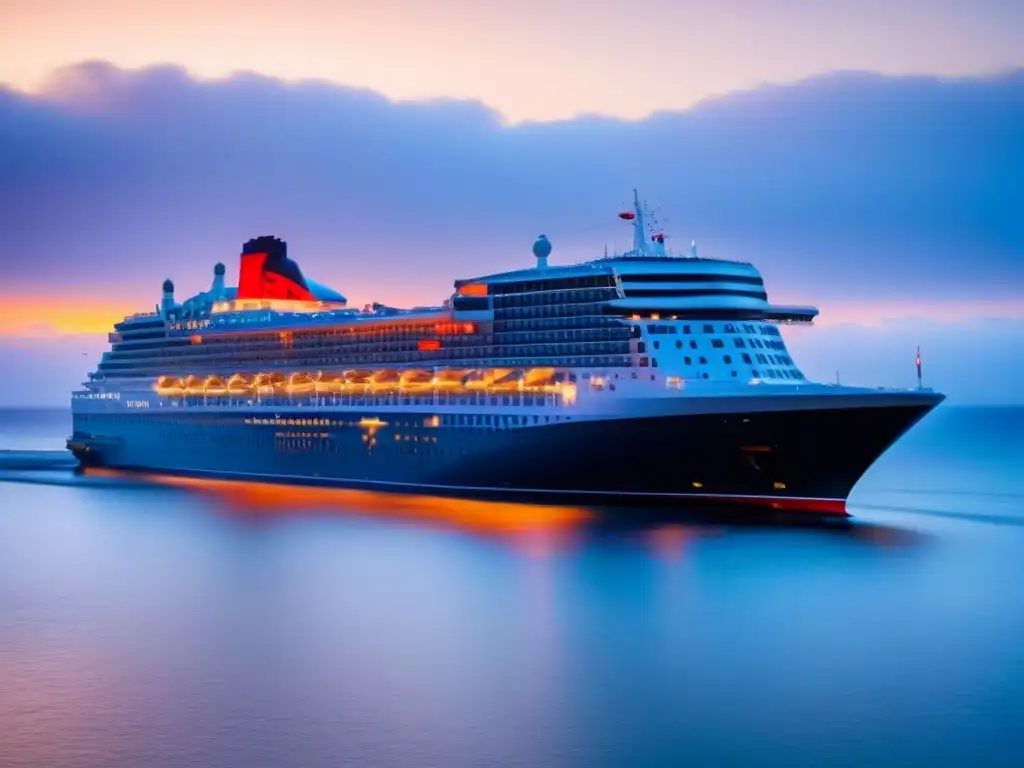 Un majestuoso crucero Queen Mary 2 en un atardecer oceánico, representando la elegancia de los cruceros de lujo más emblemáticos