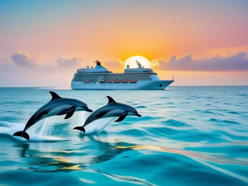 Crucero blanco y delfines: armonía en alta mar Un majestuoso crucero blanco navegando junto a delfines en un océano turquesa, simbolizando la colaboración cruceros conservación océano