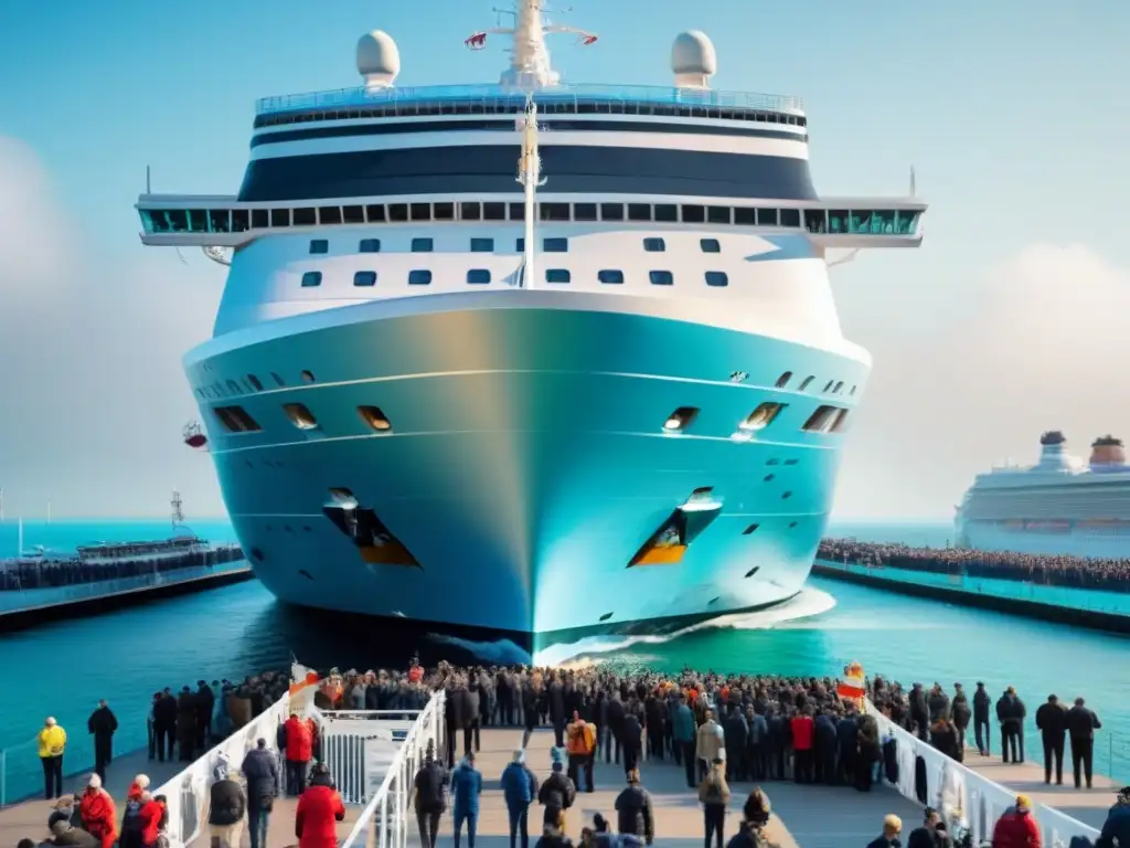 Un majestuoso crucero en un bullicioso puerto, destacando su diseño detallado y el impacto económico del turismo marítimo