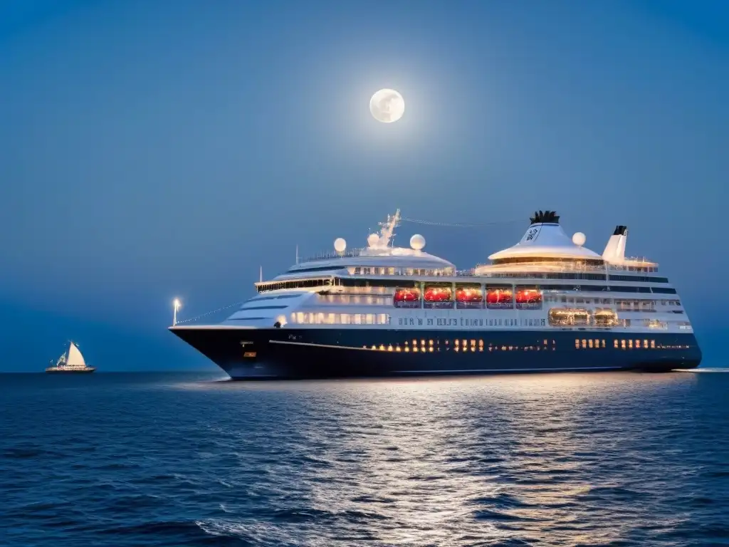 Un majestuoso crucero navegando bajo un cielo estrellado y la luna brillante reflejándose en el mar sereno