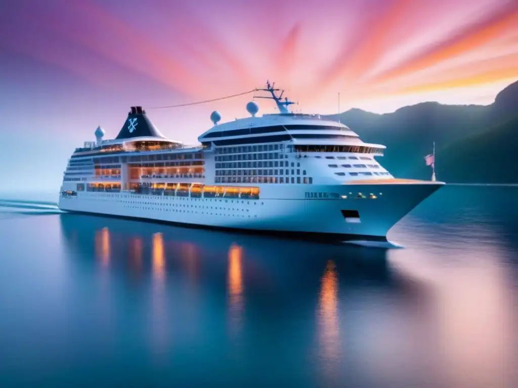 Un majestuoso crucero de Crystal Cruises navegando con elegancia en aguas cristalinas al atardecer, rodeado de colores vibrantes en el cielo