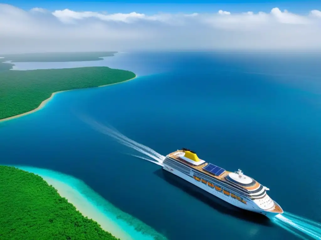 Un majestuoso crucero ecológico en un puerto tropical, rodeado de naturaleza exuberante y aguas cristalinas