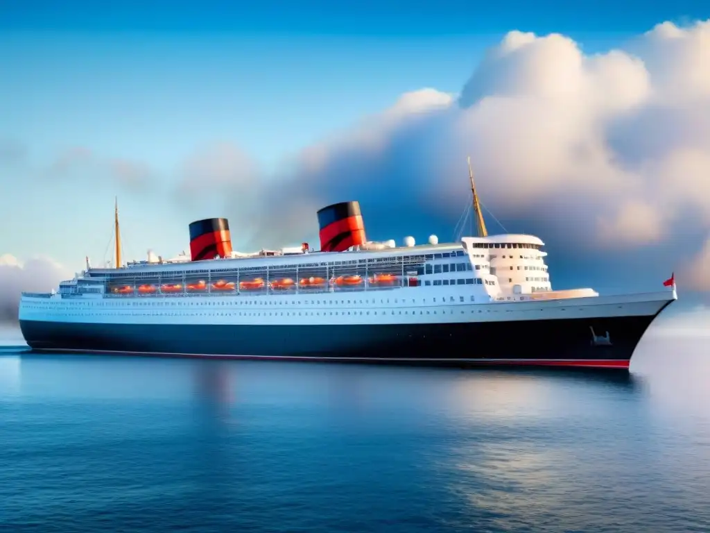 Un majestuoso crucero Queen Mary navegando con elegancia en aguas tranquilas, reflejando lujo y historia en su diseño intemporal