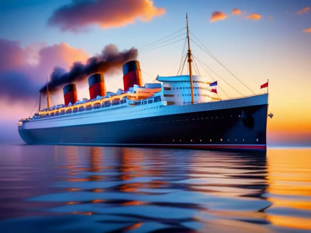 El majestuoso crucero Queen Mary navegando con elegancia en un mar de lujo al atardecer