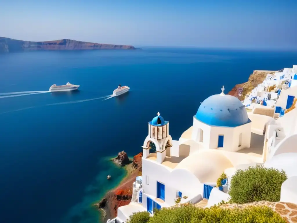 Un majestuoso crucero exclusivo navegando por las aguas turquesas de las Islas Griegas con Santorini de fondo