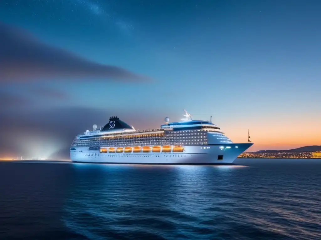 Un majestuoso crucero para festivales globales navega bajo un cielo estrellado con luces de ciudad brillantes