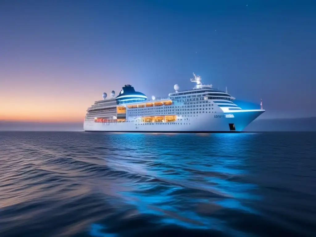 Un majestuoso crucero futurista iluminado navegando en aguas cristalinas bajo un cielo estrellado