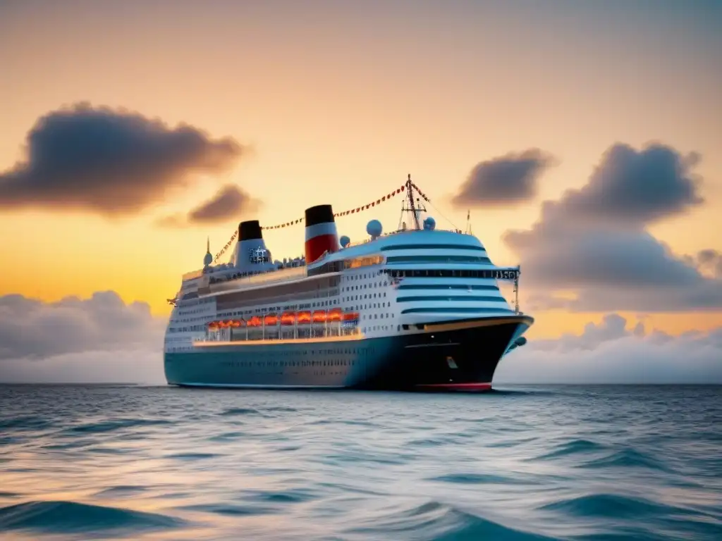 Un majestuoso crucero histórico con detalles en el atardecer, reflejándose en el mar