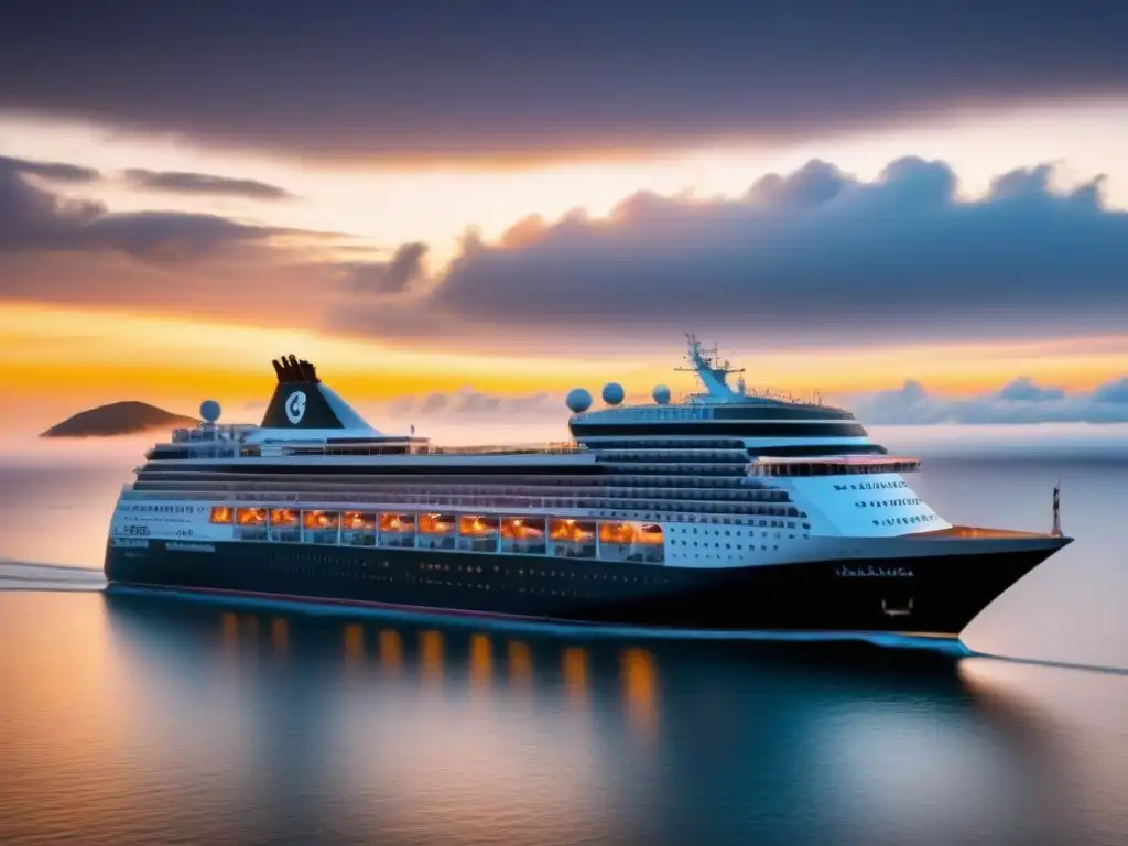 Un majestuoso crucero MS Rotterdam de Holland America Line al atardecer, reflejando lujo y elegancia en el mar