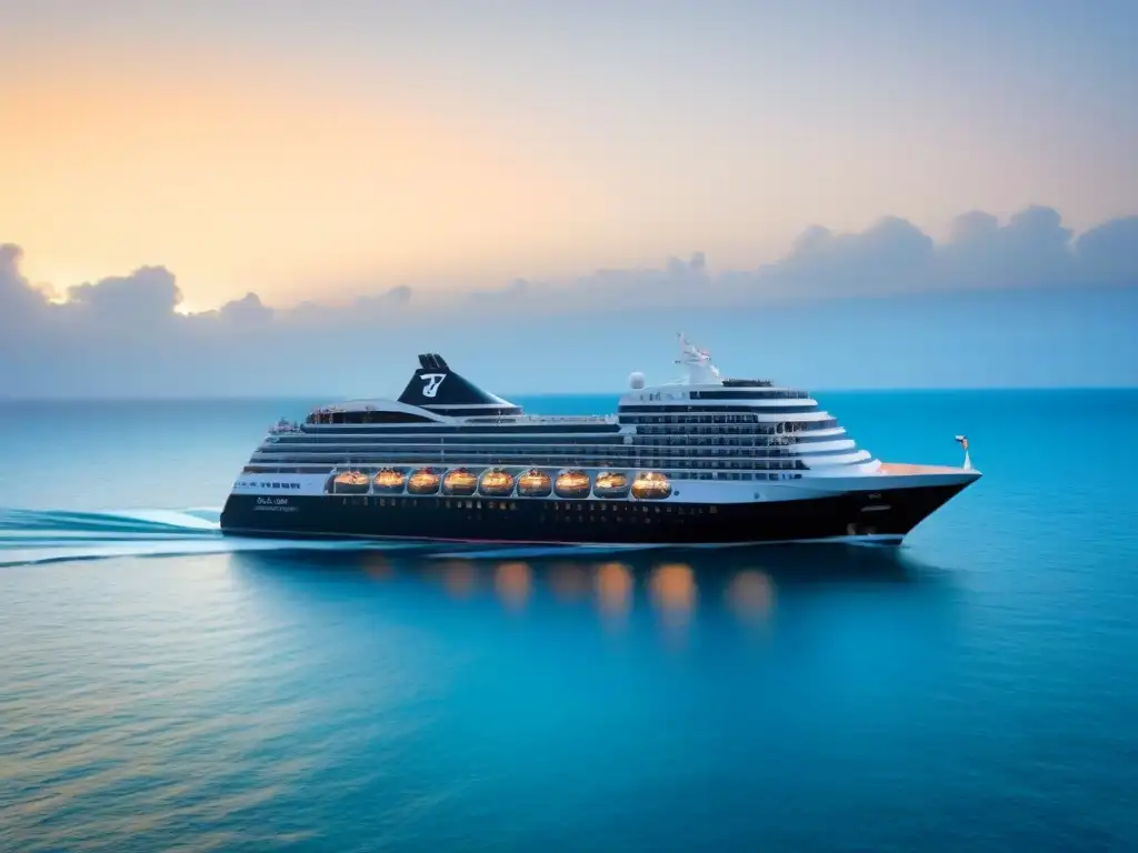 Un majestuoso crucero de Holland America Line navegando al atardecer en aguas turquesas