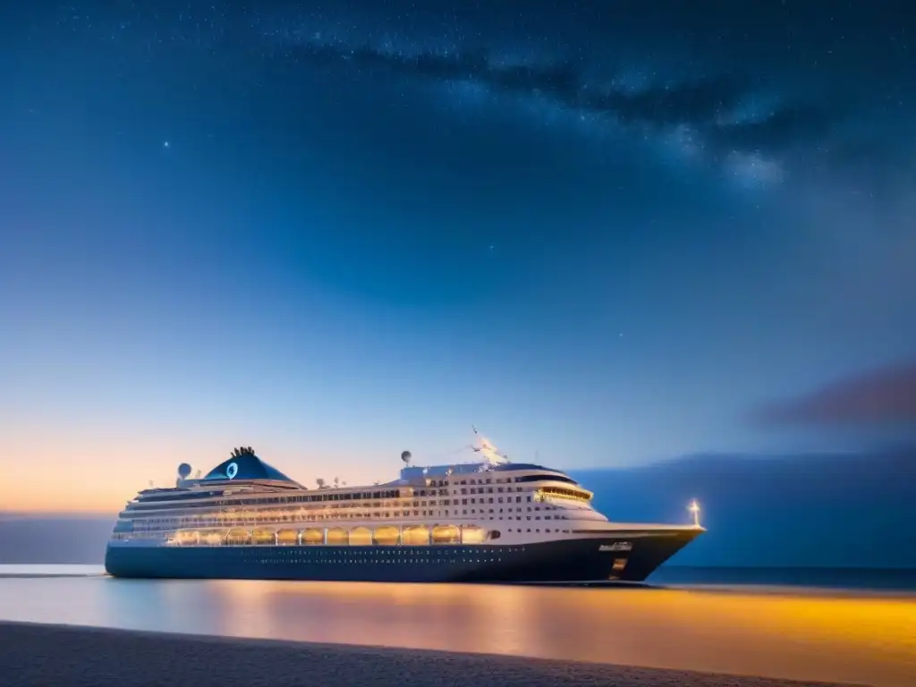 Un majestuoso crucero de lujo navegando en aguas tranquilas bajo un cielo estrellado, con sombras misteriosas y luces suaves en las ventanas