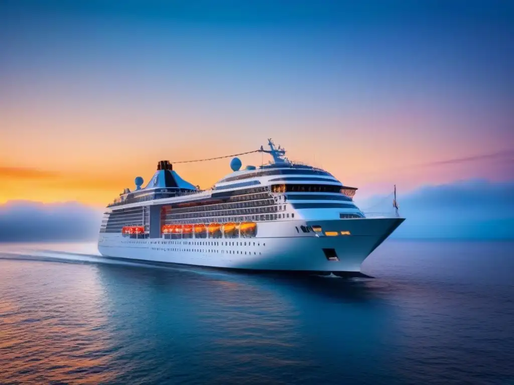 Un majestuoso crucero de lujo navegando en aguas turquesas bajo un cálido atardecer