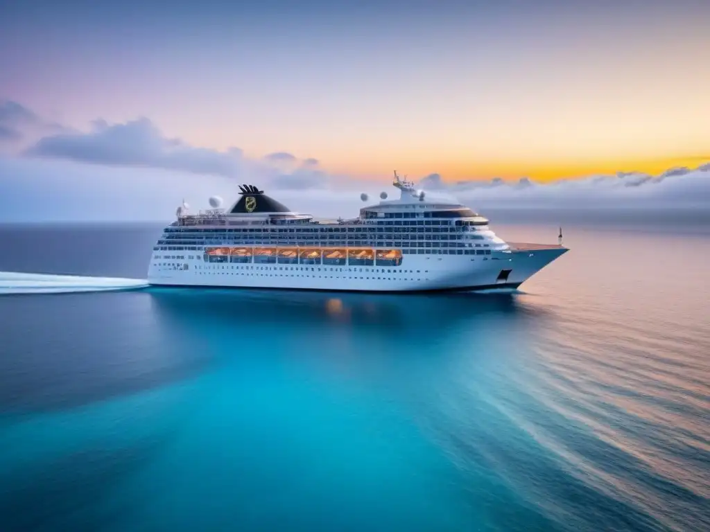 Un majestuoso crucero de lujo navegando en aguas turquesas al atardecer