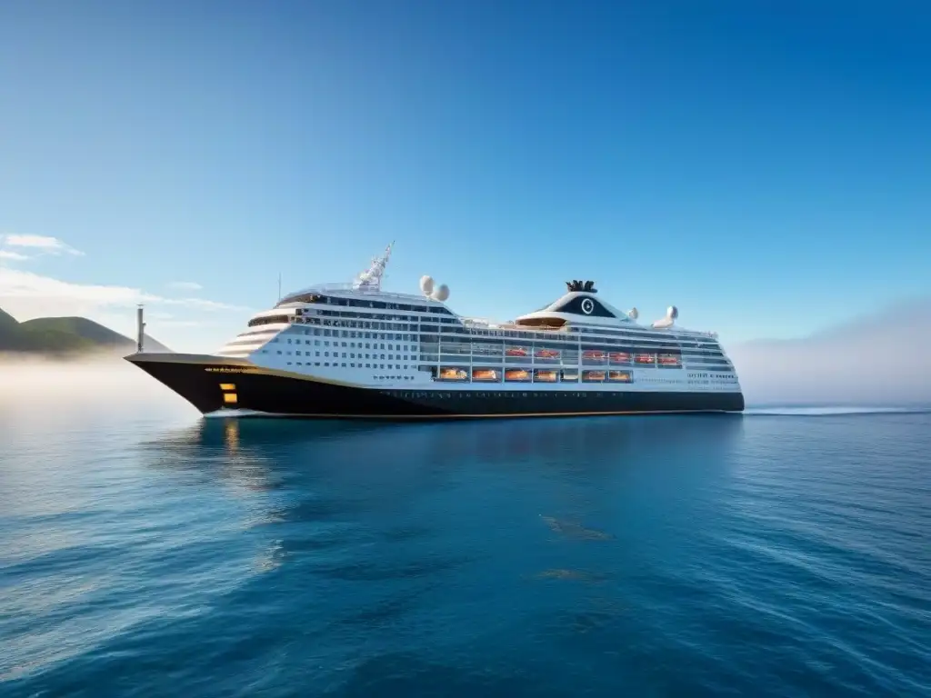 Un majestuoso crucero de lujo navegando en aguas cristalinas bajo un cielo despejado