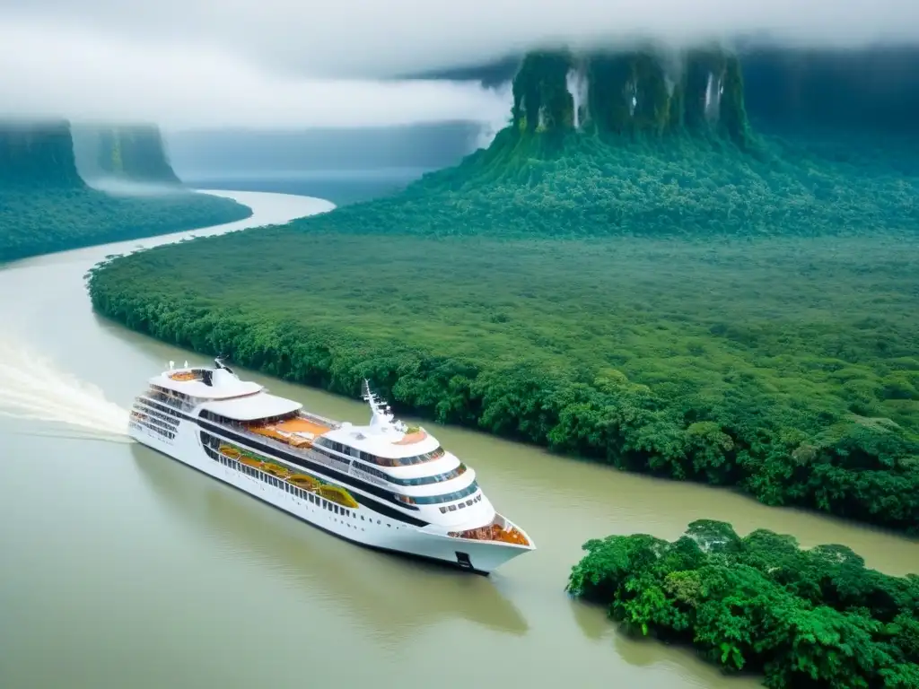 Un majestuoso crucero de lujo navegando por el Amazonas, rodeado de exuberante vegetación y tranquilas aguas